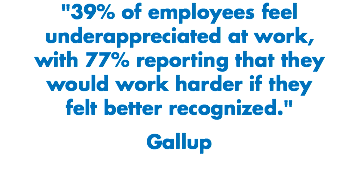 "39% of employees feel underappreciated at work, with 77% reporting that they would work harder if they felt better recognized." Gallup
